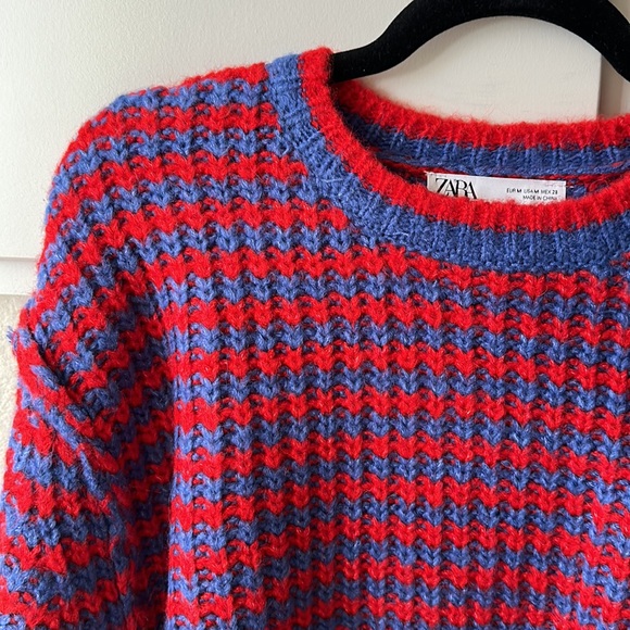 Zara Red and Blue Checkered Crew Neck Sweater - Picture 2 of 2